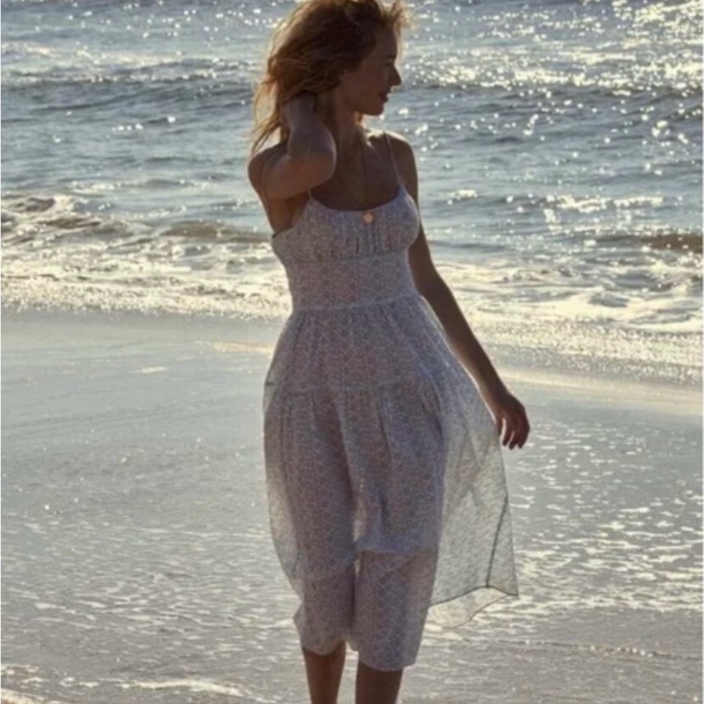 Doen Sheer Ivory Floral Tiered Midi Dress